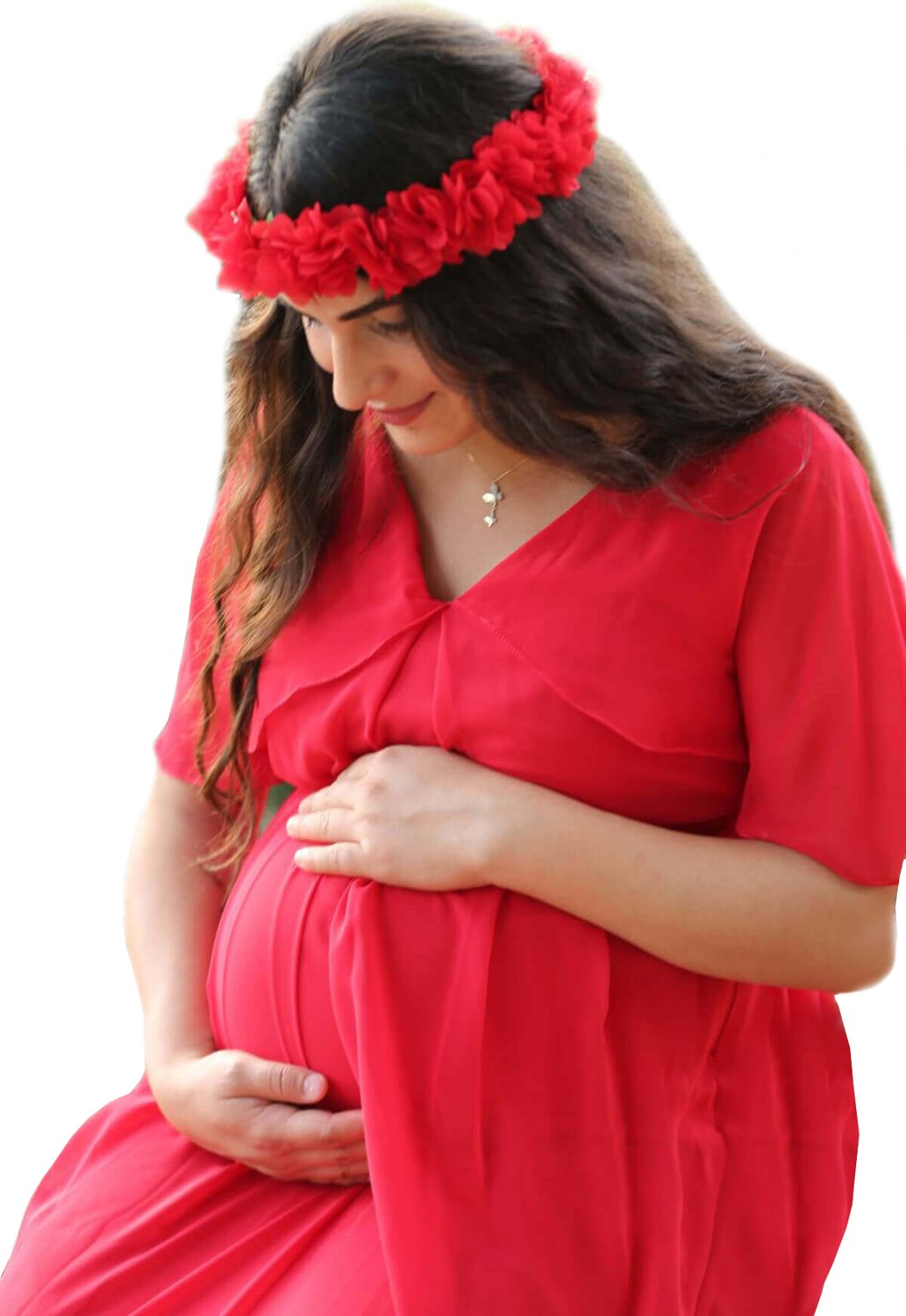 Moda Labio Babyshower Melek Kol Kırmızı Hamile Elbisesi