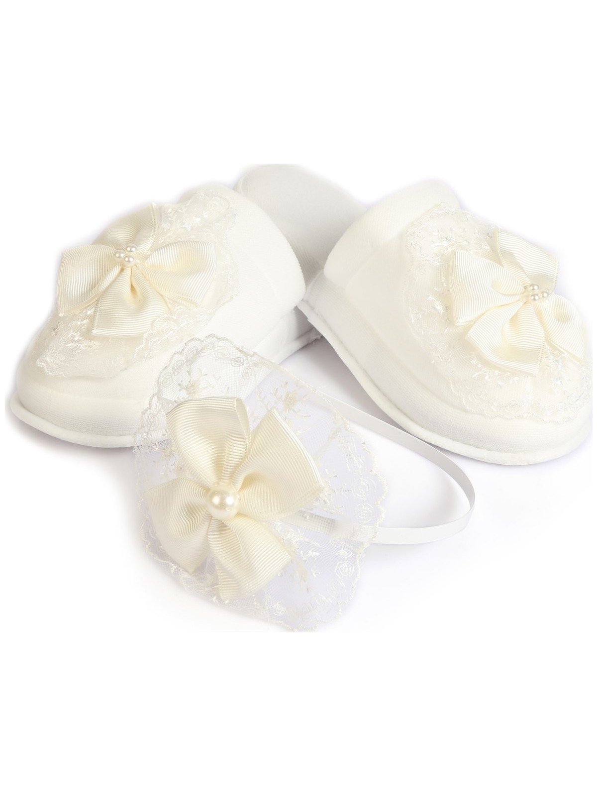 Azebu Güpürlü Lohusa Kadife Terlik ve Tacı Krem Boncuklu