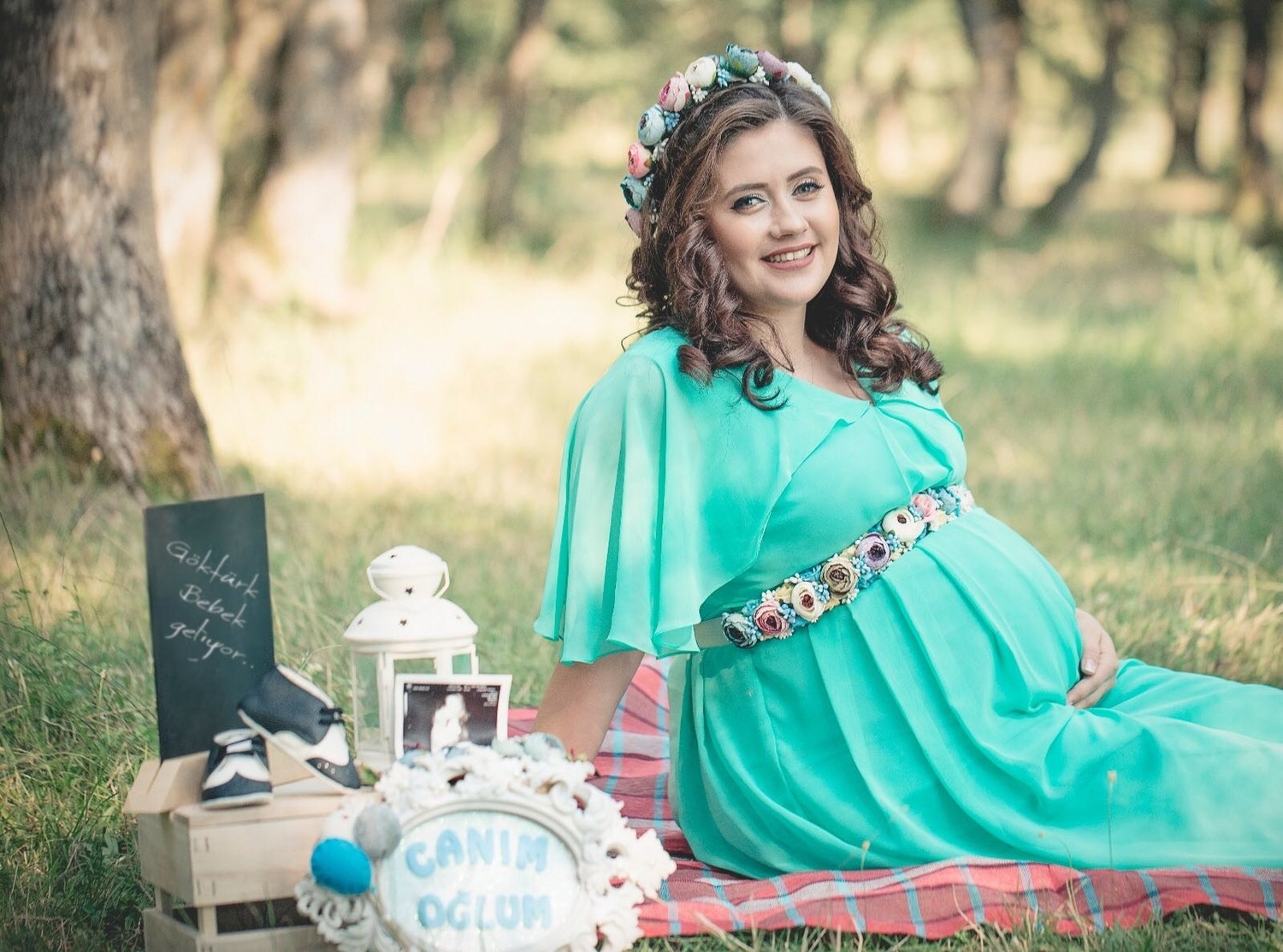 Moda Labio Babyshower Melek Kol Mint Yeşil Hamile Elbisesi görsel 2