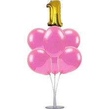 Bal10 Dünyası 7'li Balon  Standı + 7 Adet Pembe Balon    1 Yaş Gold Folyo Balon