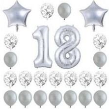 Bal10 Dünyası 18 Yaş Konfetili Balon Doğum Günü Seti Gümüş