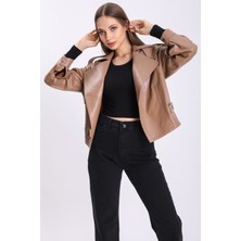 Deri Effect Kadın Oversize Açık Kahve Deri Ceket