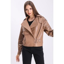 Deri Effect Kadın Oversize Açık Kahve Deri Ceket