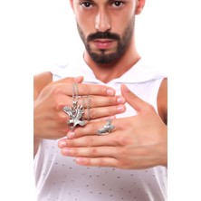 Labalaba Erkek Antik Gümüş Kaplama Ayarlanabilir  Kanatlı Kartal Yüzük & Kolye Seti
