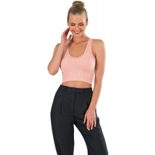 Modanty Kadın Modal Crop Top Büstiyer Pembe Toparlayıcı Seamless Dikişsiz Örme Kalın Askılı Basic