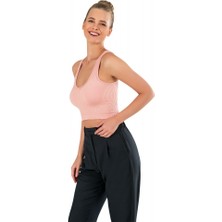 Modanty Kadın Modal Crop Top Büstiyer Pembe Toparlayıcı Seamless Dikişsiz Örme Kalın Askılı Basic