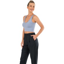 Modanty Kadın Modal Crop Top Büstiyer Mavi Toparlayıcı Seamless Dikişsiz Örme Kalın Askılı Basic