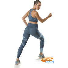 Modanty Takım Dikişsiz Spor Mavi Spor Büstiyer ve Tayt Örme Seamless Iç Göstermez Toparlayıcı