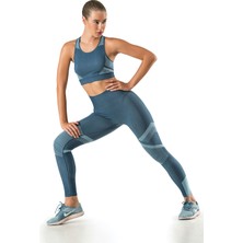 Modanty Takım Dikişsiz Spor Mavi Spor Büstiyer ve Tayt Örme Seamless Iç Göstermez Toparlayıcı