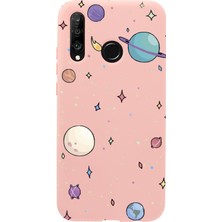 Moodcase Huawei P30 Lite Gezegenler Desenli Premium Silikonlu Pembe Telefon Kılıfı