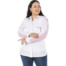 Disentis Modest Büyük Beden Yarasa Kollu Göğüsten Torba Cepli Çizgi Düz Kombinli Fuşya Beyaz Gömlek