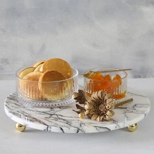 Akayev   Mermer 30 cm Altın Boncuk Ayaklı Leylak Yuvarlak Sunum Tabağı