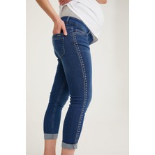 Hamile Skinny Denim Kuşgözü Taş Yapıştırma Pantolon Mavi 1089