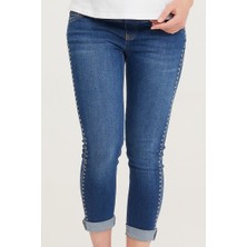 Hamile Skinny Denim Kuşgözü Taş Yapıştırma Pantolon Mavi 1089