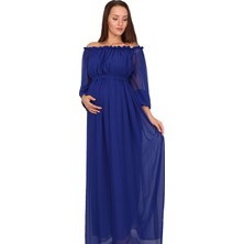 Moda Labio Babyshower Dökümlü Saks Mavi Hamile Elbisesi