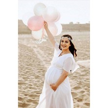 Moda Labio Babyshower Melek Kol Beyaz Hamile Elbisesi