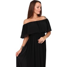 Moda Labio Babyshower Şifon Düşük Omuz Siyah Hamile Elbisesi
