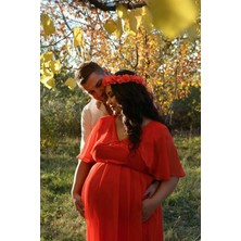 Moda Labio Babyshower Melek Kol Kırmızı Hamile Elbisesi