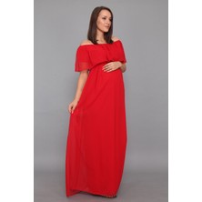 Moda Labio Babyshower Şifon Düşük Omuz Kırmızı Hamile Elbisesi