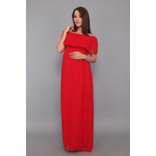 Moda Labio Babyshower Şifon Düşük Omuz Kırmızı Hamile Elbisesi