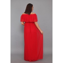 Moda Labio Babyshower Şifon Düşük Omuz Kırmızı Hamile Elbisesi