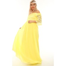Moda Labio Düşük Omuz Sarı Dantel Elbise
