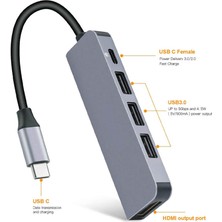 Wozlo USB Type C 3.1 To HDMI USB-C / 3x USB 3.0 Hub Çevirici Adaptör