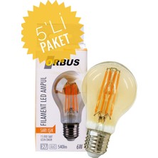 Orbus Dekoratif A60 6W Amber Sarı Işık Rustik LED Ampul 5'li Paket