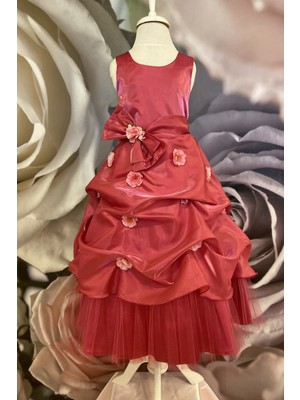 Dide Kids Dide Kız Çocuk 3 Boyutlu Çiçekli Saten Organze Uzun Elbise