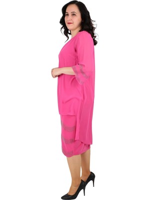 Günay Fierte Kadın Büyük Beden Abiye Elbise UGZ5249 Yuvarlak Yaka Truvakar Kol Şifon Iç Sandy Kumaş Taş Detay Fuşya Yeşil