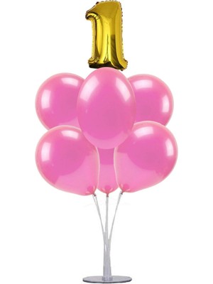 Bal10 Dünyası 7'li Balon  Standı + 7 Adet Pembe Balon    1 Yaş Gold Folyo Balon