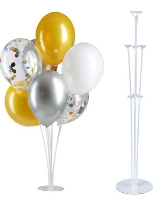 Bal10 Dünyası 7'li Balon Standı + 7 Adet 12 Inç  Metalik Gümüş Beyaz Açık Mavi Balon