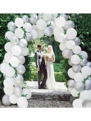 Bal10 Dünyası 50 Adet 12 Inç Metalik Parti Balonu Metalik  Beyaz   Metalik Gümüş + 5 mt Balon Zinciri