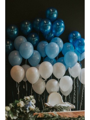 Bal10 Dünyası Mavi Beyaz Koyu Mavi 12 Inç Metalik Balon ve Balon Zinciri