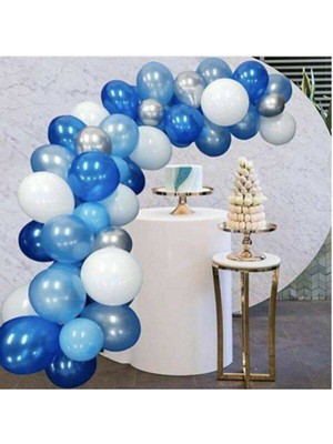 Bal10 Dünyası Alon Parti 100 Adet Beyaz Mavi Gri Lacivert Metalik Balon ve Balon Zinciri