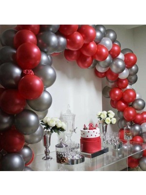 Bal10 Dünyası 100 Adet 12 Inç  Metalik Kırmızı Gümüş Balon+ 5 mt Balon Zinciri