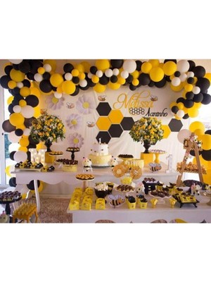 Bal10 Dünyası 100 Adet Sarı Siyah Beyaz Patron Arı Temalı Balon Konsepti ve Balon Zinciri