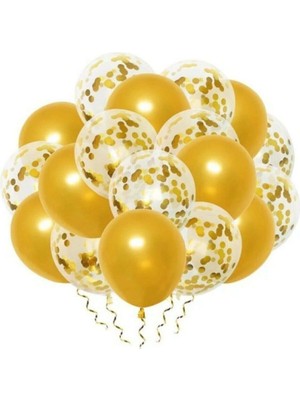 Bal10 Dünyası Gold Konfetili Şeffaf Balon  ve Metalik Gold Balon  Seti 20 Adet