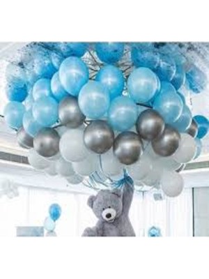 Bal10 Dünyası 100 Adet Mavi Beyaz Gümüş Balon ve 5mt Balon Zinciri