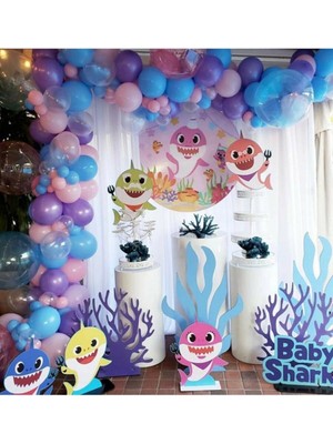 Bal10 Dünyası 100 Adet Mor Pembe Mavi Şeffaf  Baby Shark Temalı Balon Konsepti ve Balon Zinciri
