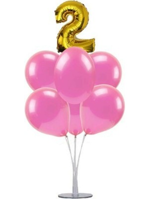 Bal10 Dünyası 7'li Balon  Standı + 7 Adet Pembe Balon    2 Yaş Gold Folyo Balon