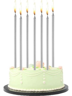 Bal10 Dünyası 6 Adet Uzun Ince Gümüş Parlak Pasta Mumu ve Mum Altlığı 20 cm