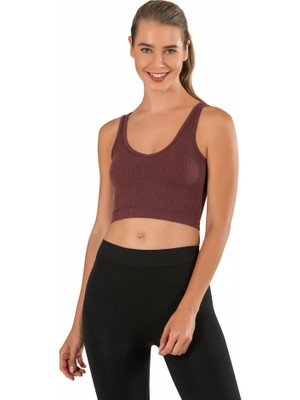 Modanty Kadın Modal Crop Top Büstiyer Bordo Toparlayıcı Seamless Dikişsiz Örme Kalın Askılı Basic