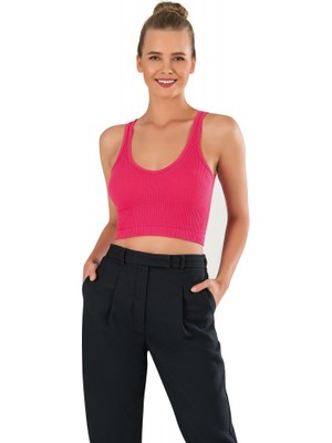 Modanty Kadın Modal Crop Top Büstiyer Fuşya Toparlayıcı Dikişsiz Örme Kalın Askılı Basic