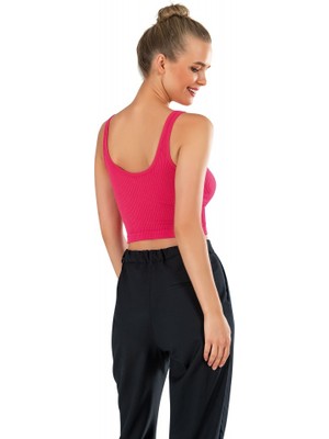 Modanty Kadın Modal Crop Top Büstiyer Fuşya Toparlayıcı Dikişsiz Örme Kalın Askılı Basic