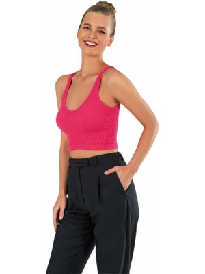 Modanty Kadın Modal Crop Top Büstiyer Fuşya Toparlayıcı Dikişsiz Örme Kalın Askılı Basic