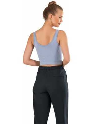 Modanty Kadın Modal Crop Top Büstiyer Mavi Toparlayıcı Seamless Dikişsiz Örme Kalın Askılı Basic