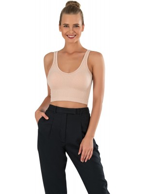 Modanty Kadın Modal Crop Top Büstiyer Ten Toparlayıcı Seamless Dikişsiz Örme Kalın Askılı