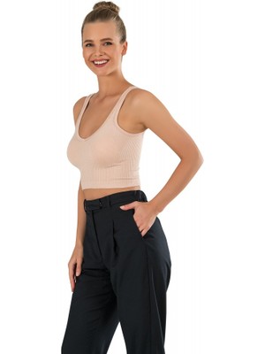 Modanty Kadın Modal Crop Top Büstiyer Ten Toparlayıcı Seamless Dikişsiz Örme Kalın Askılı