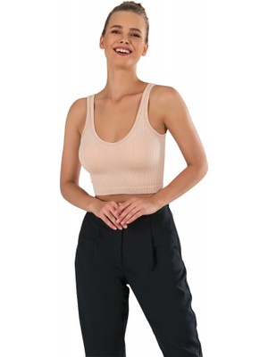 Modanty Kadın Modal Crop Top Büstiyer Ten Toparlayıcı Seamless Dikişsiz Örme Kalın Askılı